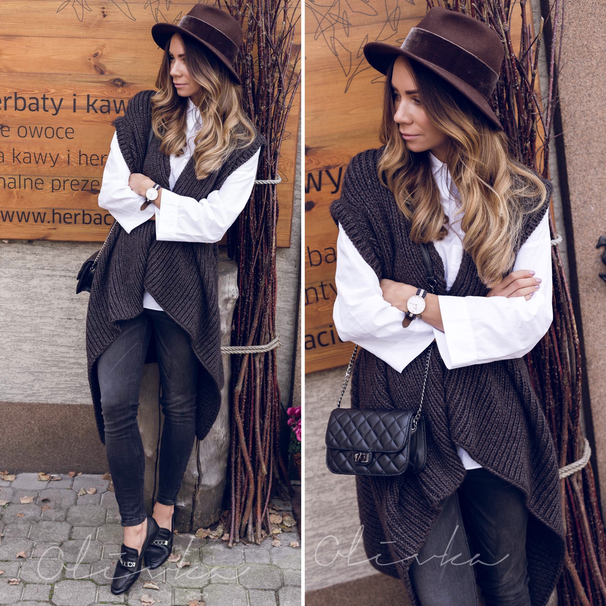 kamizelka piu perte, spodnie mohito, mokasyny zara, kapelusz hathat, hat hat