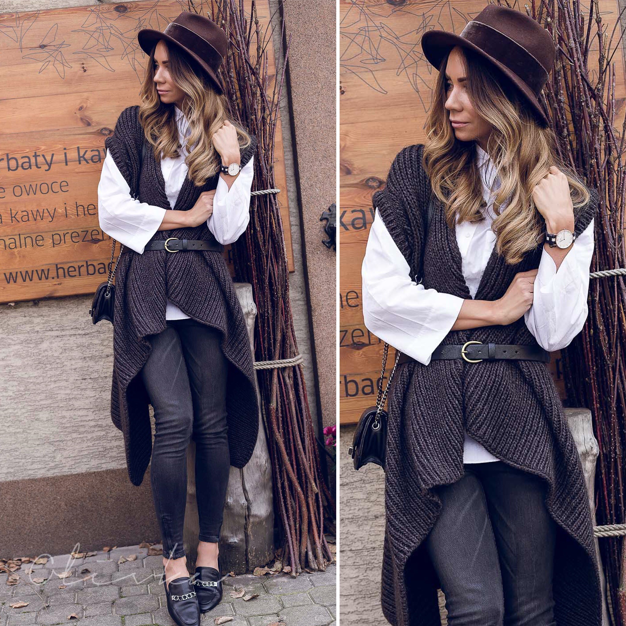 kamizelka piu perte, spodnie mohito, mokasyny zara, kapelusz hathat, hat hat