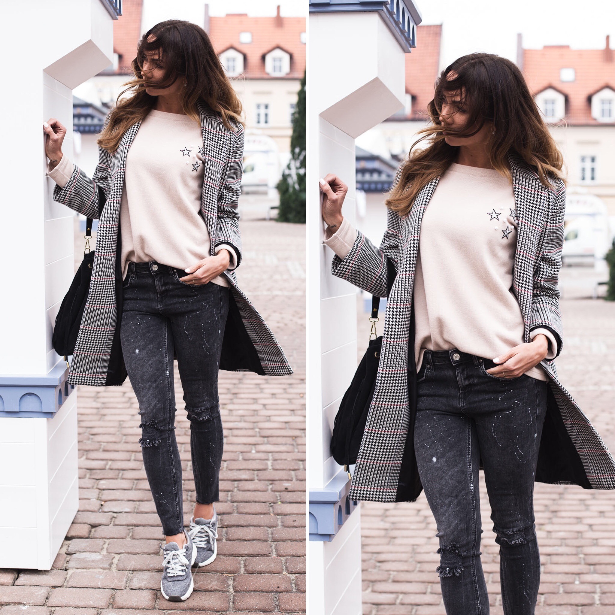 płaszcz zara, płaszcz w kratę zara, dżinsy zara, nakrapiane dżinsy zara