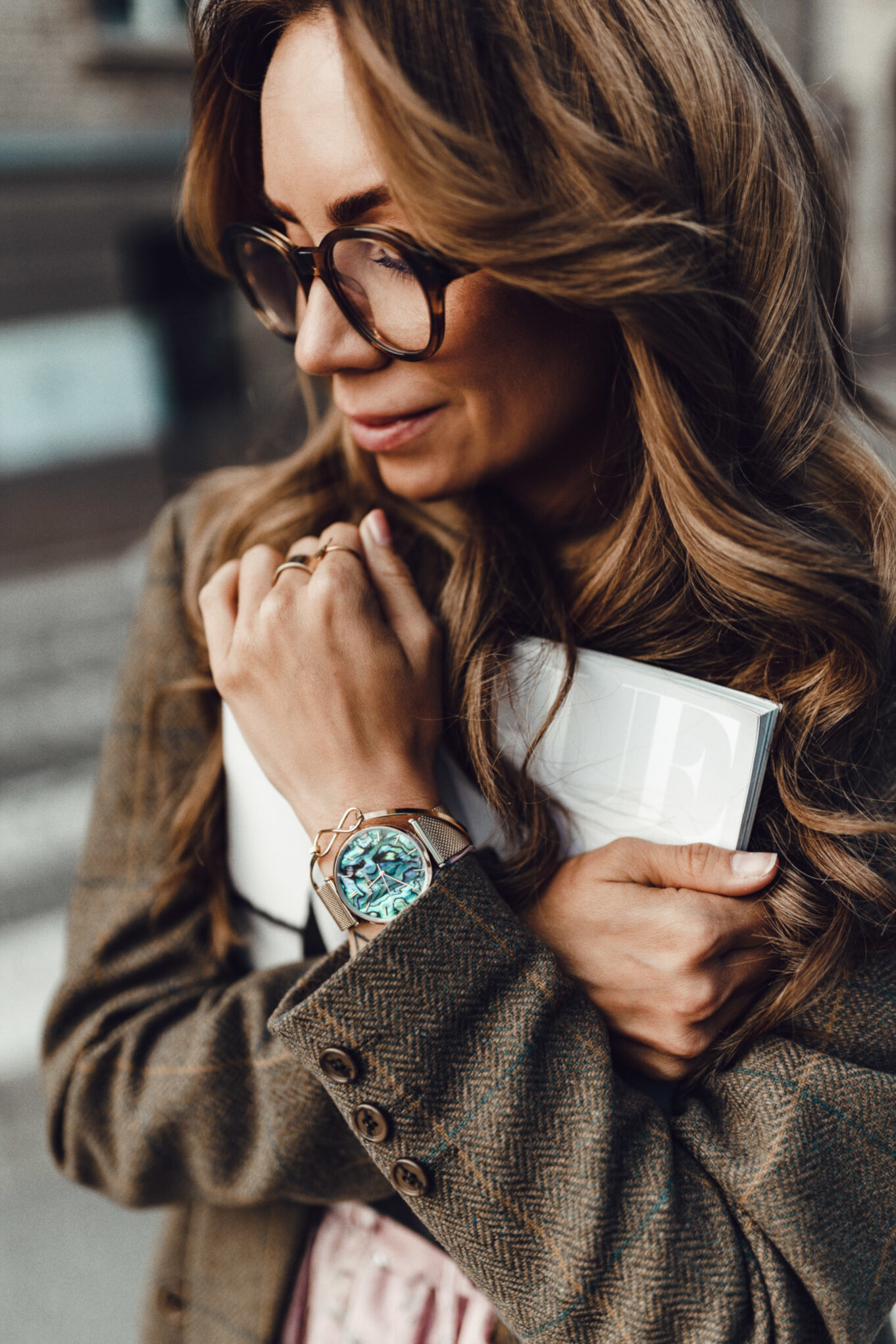 Brązowy klasyczny żakiet w kratkę